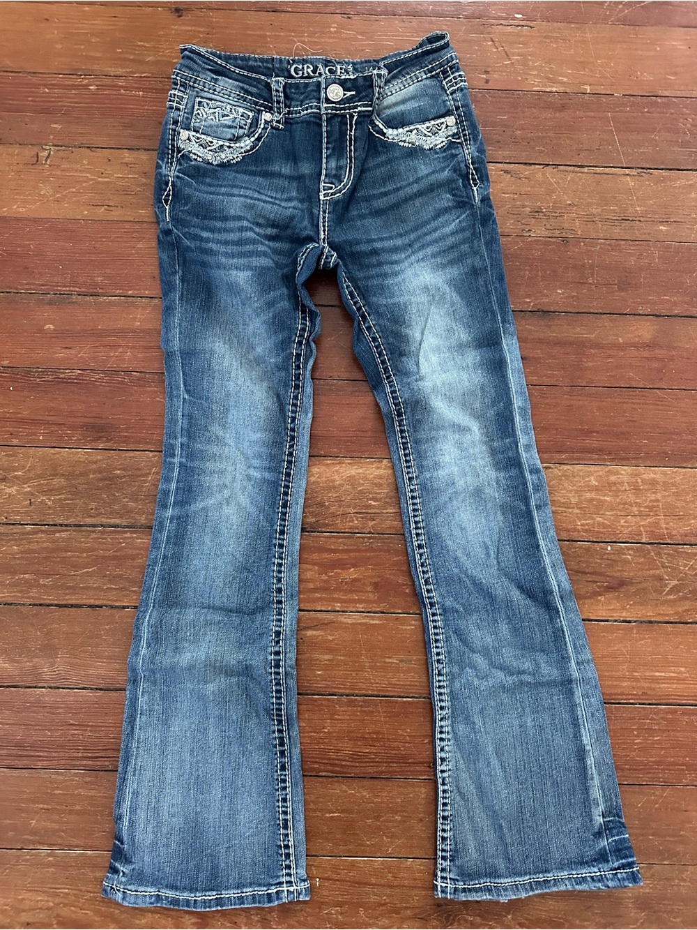 Grace Girl’s Medium Wash Flare Jeans with Embroidered Pockets
